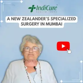 New Zealand patient Linda reviewing her specialized spine surgery in Mumbai on an IndiCure testimonial graphic.