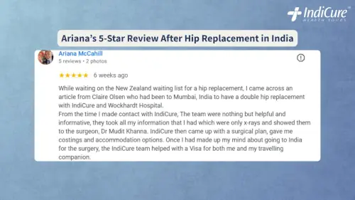 A detailed written review from Ariana Mcchail praising IndiCure's logistics, including dedicated drivers and a supportive team during her Christmas stay in Mumbai.