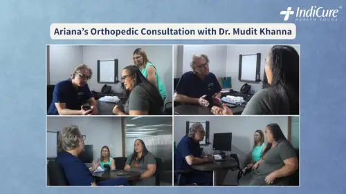 Ariana McCahill discussing her surgical plan for robotic double hip replacement with orthopedic surgeon Dr. Mudit Khanna.