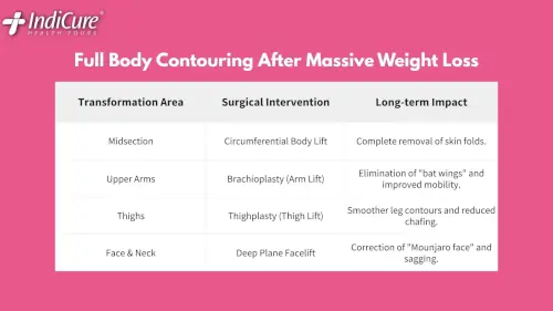 An infographic table showing surgical interventions for full body contouring after massive weight loss, including circumferential body lift for the midsection and deep plane facelift for 'Mounjaro face.'