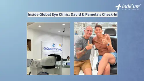 David and Pamela Ellsum seated at Global Eye Clinic, Mumbai, ready for their cataract surgery evaluation.