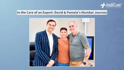 Australian patients Pamela and David Ellsum posing with senior eye surgeon Dr. Hardik Parikh at Global Eye Clinic in Mumbai, India.