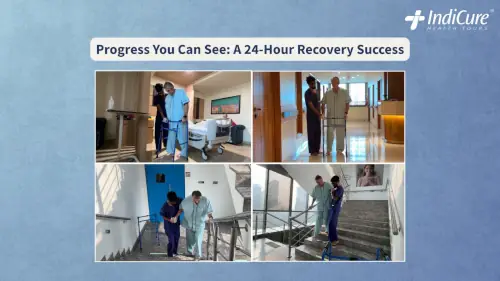 Collage showing Iain Lamb, a UK patient, walking with a walker and climbing stairs with a physiotherapist 24 hours after hip replacement surgery in India.