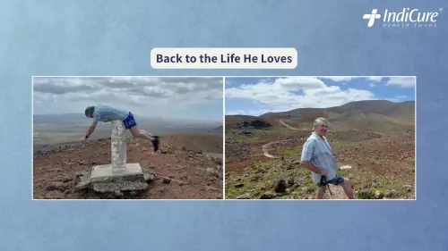 Successful outcome of a British veteran's hip replacement in India; Iain Lamb enjoying an active lifestyle and hiking post-recovery.