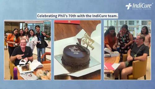 Phil Scheurich celebrating his 70th birthday with a cake arranged by IndiCure during his recovery in Mumbai
