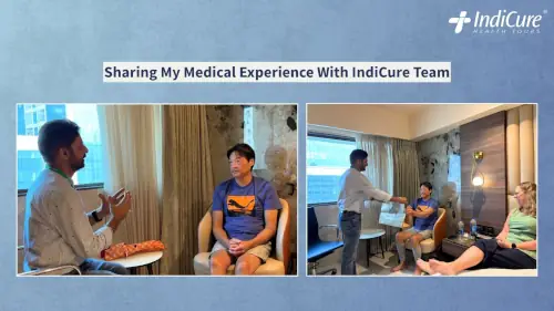 IndiCure team conducting a patient satisfaction survey with an international hip replacement patient after treatment in India.