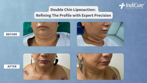 Double chin liposuction before and after images for a Mommy Makeover in India.