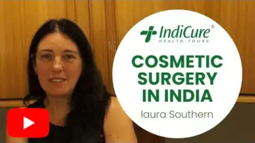 Video testimonial thumbnail of Laura Southern, a Canadian nurse, sharing her review and experience with cosmetic surgery in India through IndiCure Health Tours.